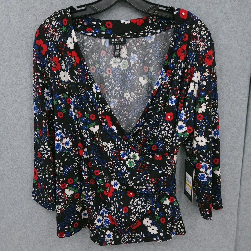 Jones New York‎ Floral Print Faux Wrap V Neck Top Womens Size PM NWT